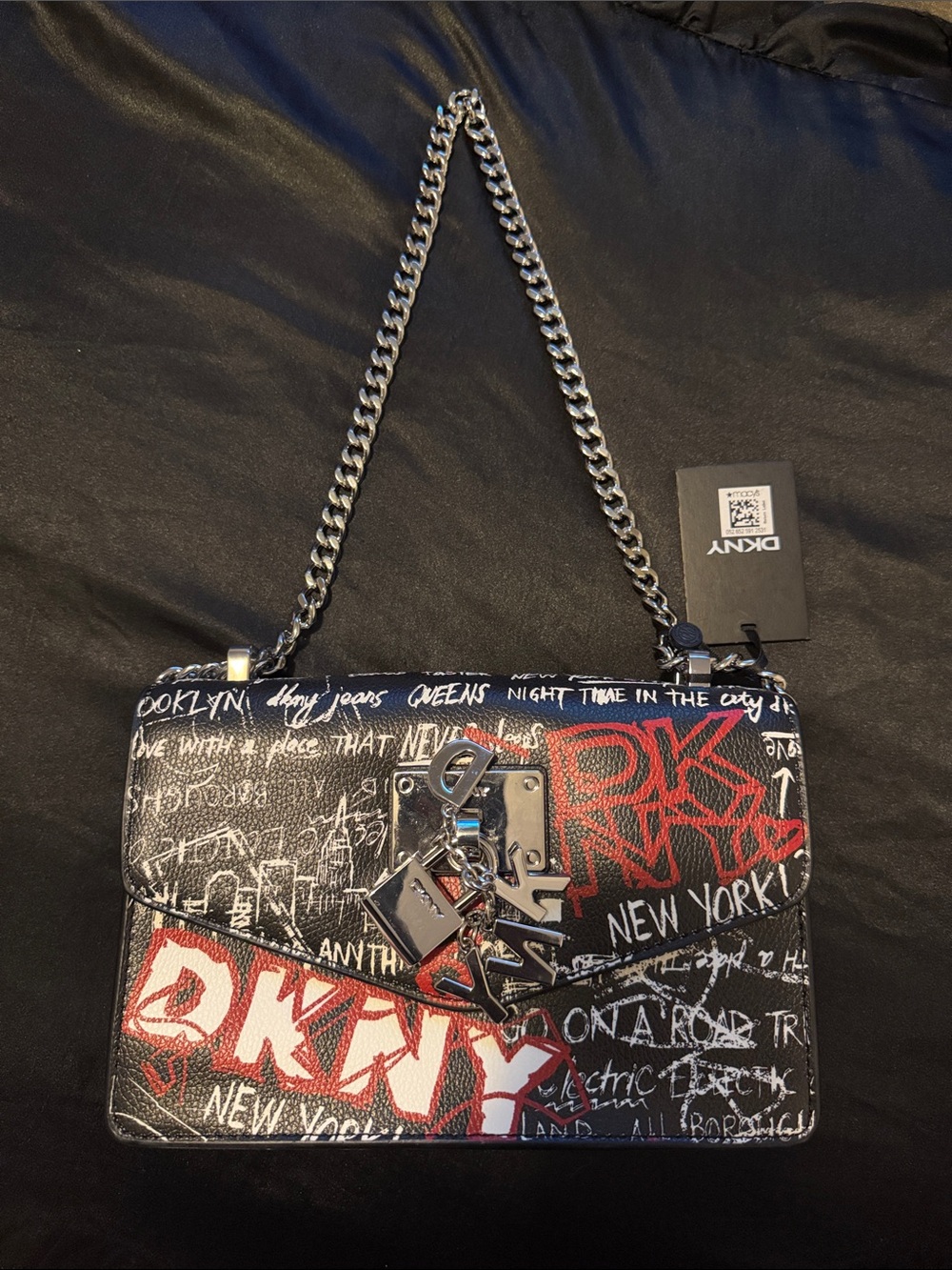 DKNY Black & Red Graffiti Crossbody Bag with Chain Strap